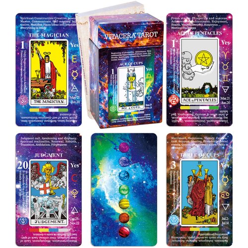 Vitacera Tarot Cards for Beginners , Card Deck with Guidebook, Keywords, Yes or No, Timing, Colors, Musical Pitch, Planet, Zodiac, Element, Chakra, Numerology and Meanings on Them