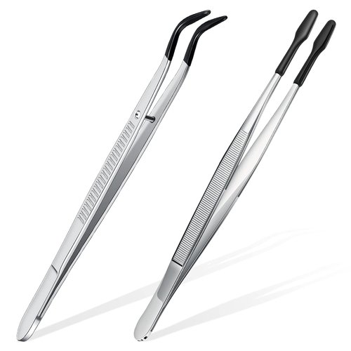 2 Pieces Tweezers with Rubber Tips Set PVC Rubber Coated Tips Bent and Straight Flat Tip Tweezers Stamp Coins Jewelry Hobby Crafts Industrial Electronic Tweezers Tools (Silver, Black)