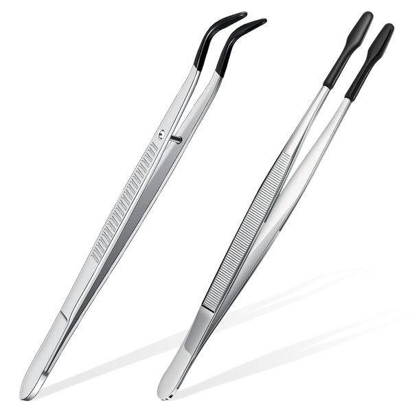 2 Pieces Tweezers with Rubber Tips Set PVC Rubber Coated Tips Bent and Straight Flat Tip Tweezers Stamp Coins Jewelry Hobby Crafts Industrial Electronic Tweezers Tools (Silver, Black)