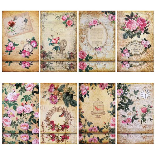 16 Sheets French Decoupage Paper Garden Floral Vintage Paper Flower Design Decorative Decoupage Supplies Rose Imprint Decoupage Decor for Crafts Wood Scrapbooking, 8.27 x 11.22 Inch (Exquisite)