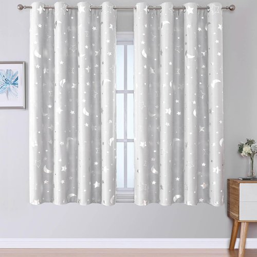 WUBODTI Star Blackout Curtains for Kids Room 2 Panels 54 Inches Long, Grommet Space Decor Cute Nusery Curtains Thermal Insulated Room Darkening Small Curtains for Boys Bedroom Baby, Light Grey