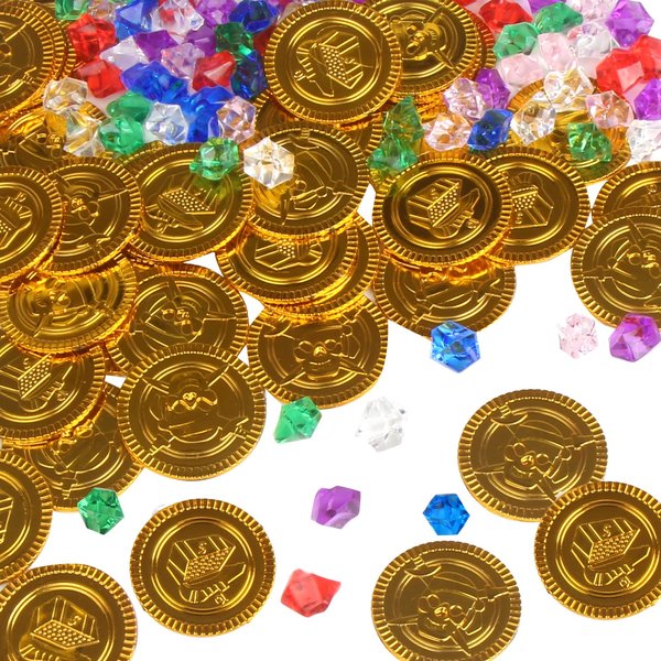 LOMIMOS Pirate Gold Coins,Buried Treasure and Pirate Gems Jewelry Playset Pack Party Favor Decorations(72 Coins+72 Gems)