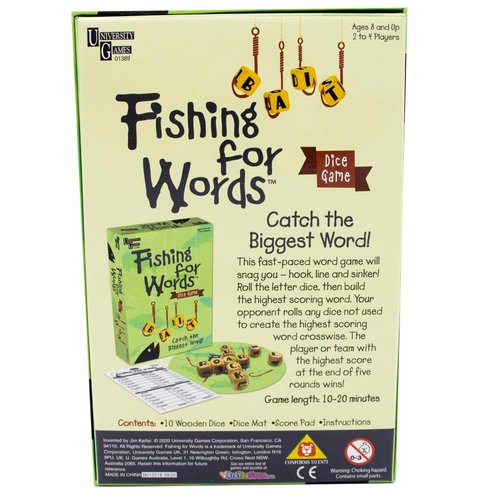 Fishing for Words, Dice Game, Word Game, Travel Game, Family Game, Bar Game, 2 to 4 players, ages 8 and up, Green