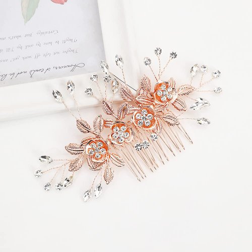 HNYBEE Rose Gold Bridal Wedding Hair Comb with 2 Hairpins Hair Piece, Rhinestone Pearls Flower and Leaf Bridal Combs Handmade Bride Hair Pieces for Women &Girls Wedding Hair Accessories for Brides