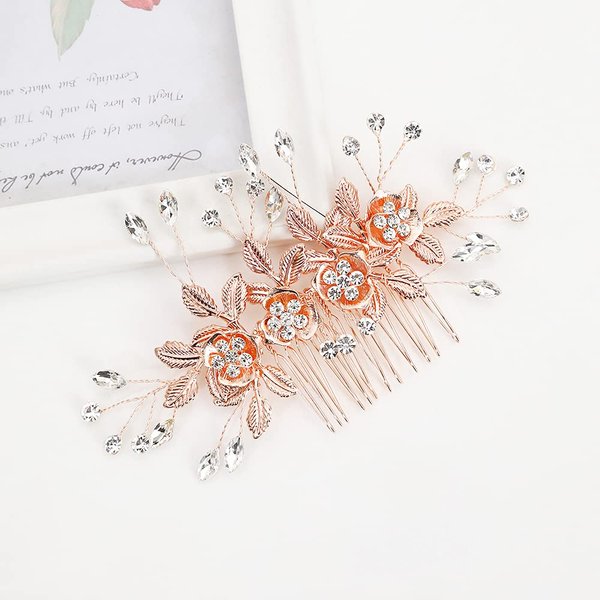 HNYBEE Rose Gold Bridal Wedding Hair Comb with 2 Hairpins Hair Piece, Rhinestone Pearls Flower and Leaf Bridal Combs Handmade Bride Hair Pieces for Women &Girls Wedding Hair Accessories for Brides