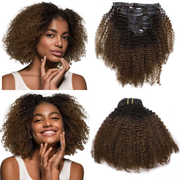 Anrosa Kinky Curly Clip in Hair Extensions Human Hair for Black Women,3C 4A Natural Hair Clip ins 8A Brazilian Double Wefts,10 inch Brown 1B/4 120G 7 Pcs