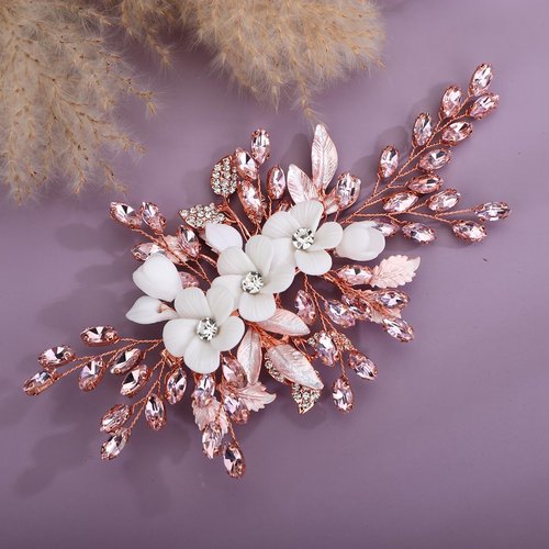 Xerling Pink Rhinestones Crystal Wedding Hair Barrette Clip Rose Gold Brides Headpiece Hair Jewelry Flower Hair Accessories for Women Flower Girls (Pink)