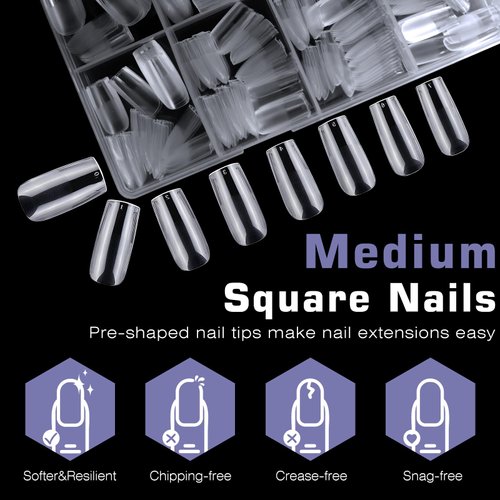 Lifextol 600pc Medium Square Nail Tips Fake Nails Press on Nails Clear Nail Tips Full Cover False Nail Artificial Fingernail, 12 Size Soft Gel x Nail Tips Square for Acrylic Nail Gel x Nail Extensions