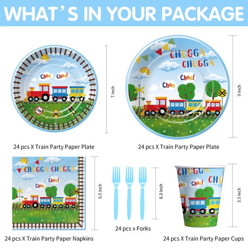 APOWBLS Train Birthday Plates And Napkins Party Supplies Dinnerware, Train Birthday Decorations, Plate, Cup, Napkin, Fork, Train Theme Chugga Choo Party Supplies For 1st 2nd 3rd Birthday | 24 Guests