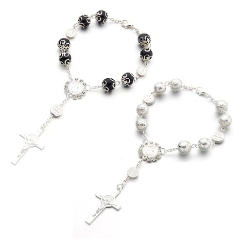 Ziciner 2 PCS Car Rosary for Rearview Mirror, Personalized Blessing Rear View Mirror Hanging Decors, Auto Rearview Mirror Rosary Pendant, Car Interior Hanging Accessories for Woman Men(Black & Silver)