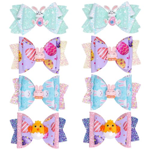 Haakong 8pcs Easter Bows Clips Easter Bows Easter Glitter Bunny Hairpin Party Favor Rabbit Headwe...