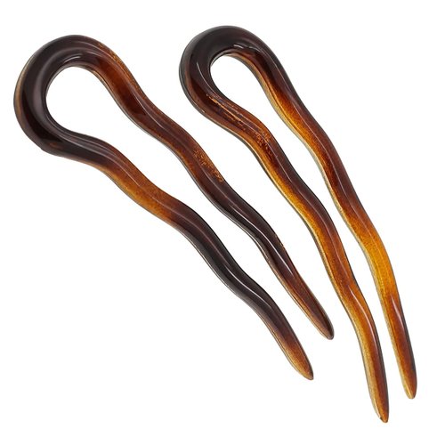 Camila Paris AD823 French Twist Stick Hair Fork, 2 Small Wavy U Shaped Hair Pin Clip for Spiral Updo Bun, Tortoise Shell, Fashion Flexible Durable Styling Hair Accessories for Women, Made in France