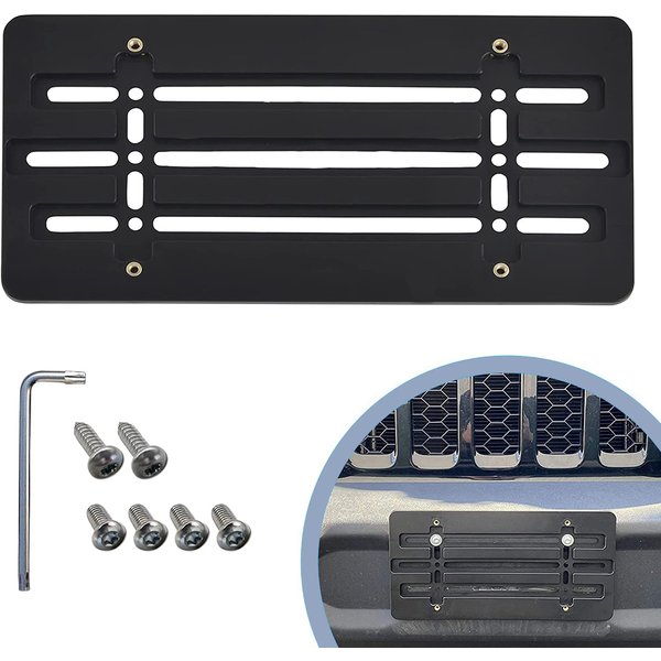 Front Bumper License Plate Bracket for Jeep 2000-2023, Plate Holder Set w 6 Unique Screw Bolts & Wrench Kit, License Tag Mounting Kit, Quality Plate Holders, Premium Car Accessories