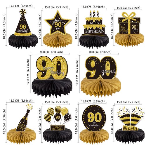 Gexolenu 10 Pcs 90th Birthday Honeycomb Centerpieces Gold Black Cheers to 90 Years Birthday Centerpieces Tables Toppers for 90th Birthday Decorations 90 Fabulous Birthday Party Decorations Supply