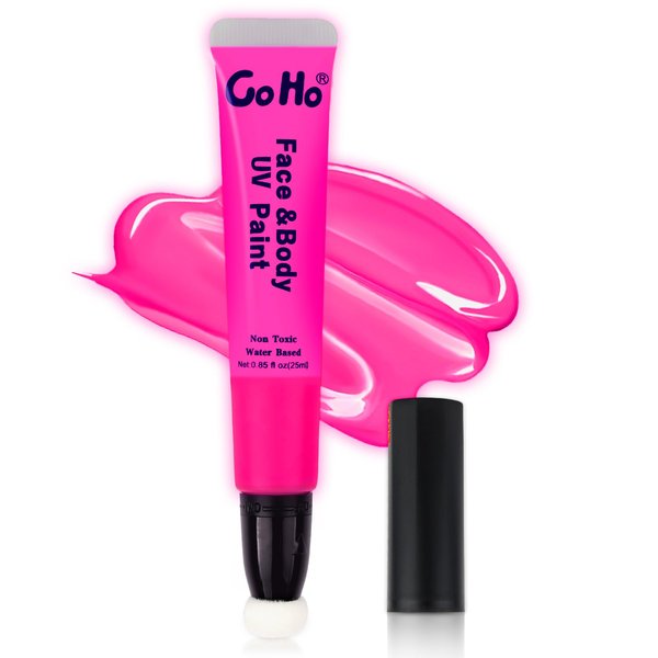 Go Ho UV Blacklight Neon Hot Pink Face Body Paint,Water Based Bright Color Neon Fluorescent Body Paint with Cushion Applicator,Glow In The Dark Under UV Lighting Party Halloween Makeup Washable