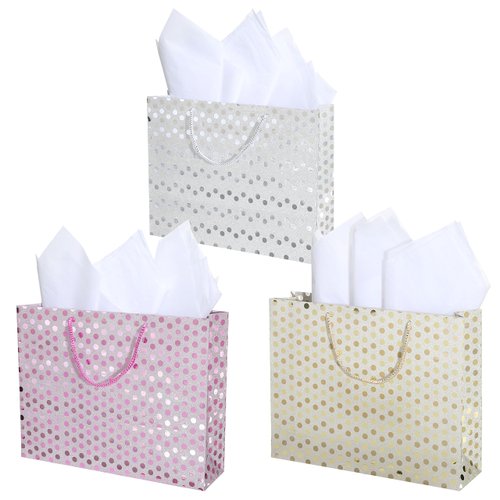 15 X 12 inch Gift Bags, Medium Glitter Polka Dots Pattern Decorative Bags in Assorted Colors for Birthdays, Wedding, Holidays, Set of 3