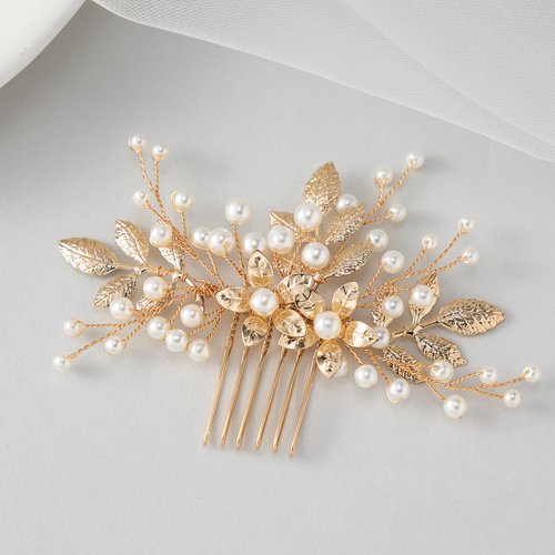 SWEETV Bridal Hair Comb Pearl Hair Accessory Bendable Leaf Hair Piece Vintage Wedding Hair Accessories for Brides Bridesmaids Women Girls