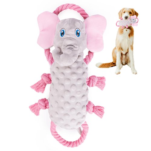 everyday joy Squeaky Dog Stuffed Animals Chew Toy - Crinkle Paper Tug of War Rope Plush Dog Toy - Soft Tough Squeaker Dog Entertainment Toys for Home Alone - Fun Boredom Busters for Dogs - Elephant
