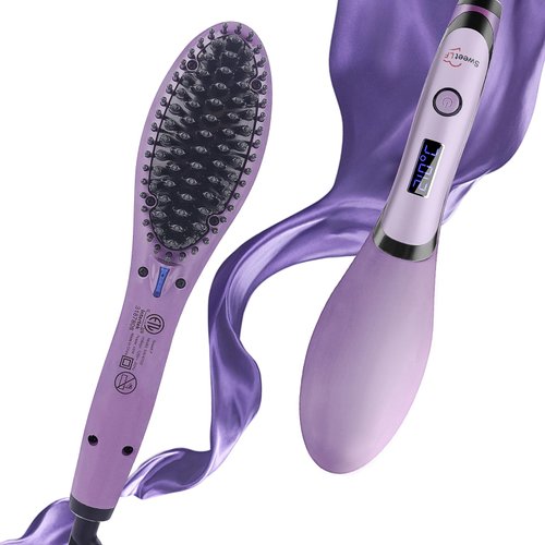 SweetLF Pro Ceramic Hair Straightener Brush, 2-in-1 Ionic Hair Straightening Comb with Nano Heating Teeth, MCH 20s Fast Heating, Auto-Off, Anti-Scald with Universal Dual Voltage