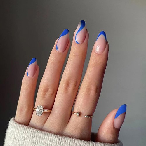 24 Pcs Press on Nails Medium French Tip Almond Fake Nails Blue Swirl Full Cover False Nails with Designs Glossy Royal Blue Nail Tip Acrylic Nails Artificial Nails for Women Girls