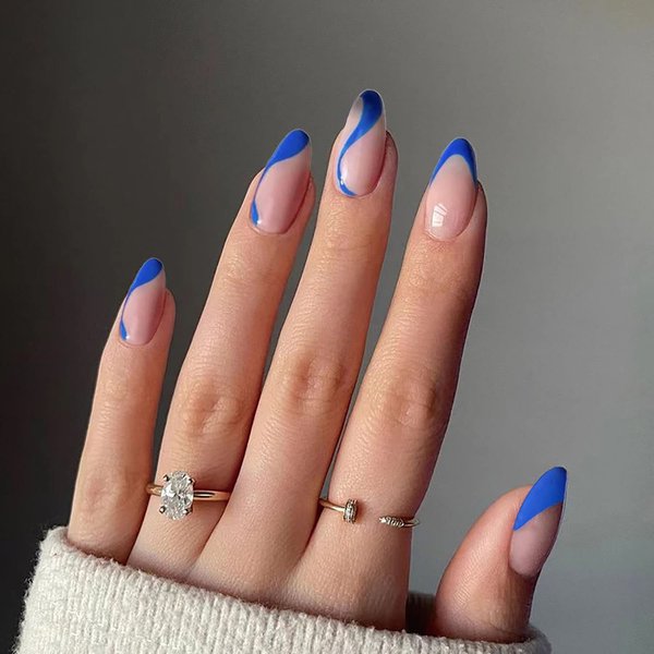 24 Pcs Press on Nails Medium French Tip Almond Fake Nails Blue Swirl Full Cover False Nails with Designs Glossy Royal Blue Nail Tip Acrylic Nails Artificial Nails for Women Girls