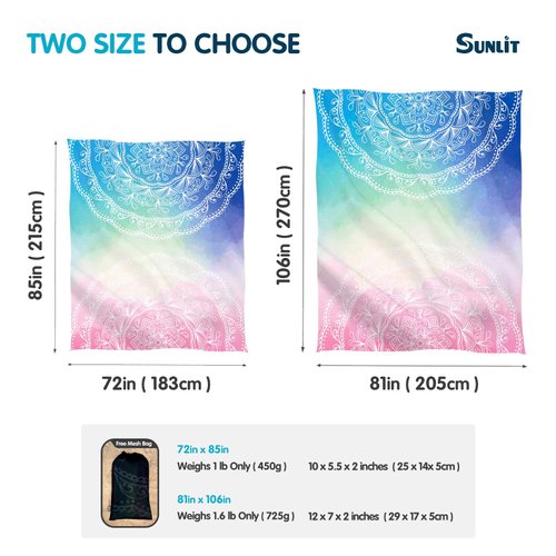 Sunlit Silky Soft 85"x72" Boho Sand Proof Beach Blanket Sand Proof Mat with Corner Pockets and Mesh Bag for Beach Party, Travel, Camping and Outdoor Music Festival,Blue and Pink Mandala