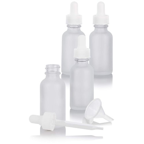 1 oz Frosted Clear Glass Boston Round Bottle with White Dropper (4 pack) + Funnel