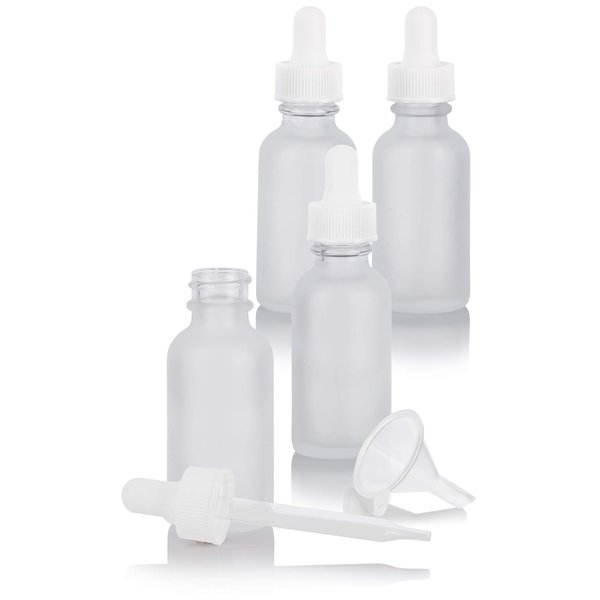 1 oz Frosted Clear Glass Boston Round Bottle with White Dropper (4 pack) + Funnel