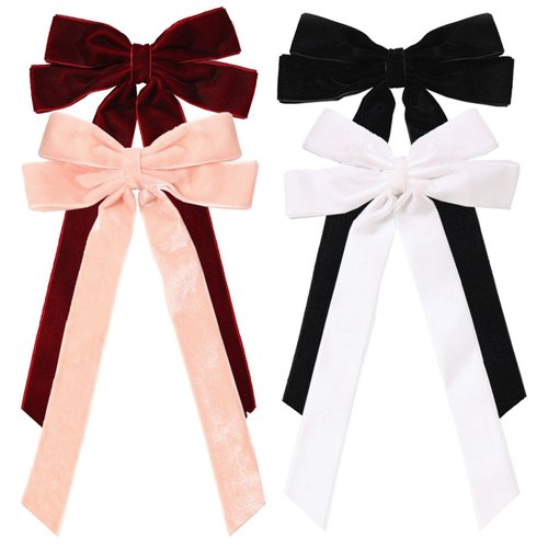 Furling Pompoms Hair Bow Clip, 4pcs Hair Accessories for Women - Black, Pink, White, Burgundy Red with Long Tail Velvet Hair Ribbon Bow Hair Clips - Daily Outfits, Party, Work, Giftware