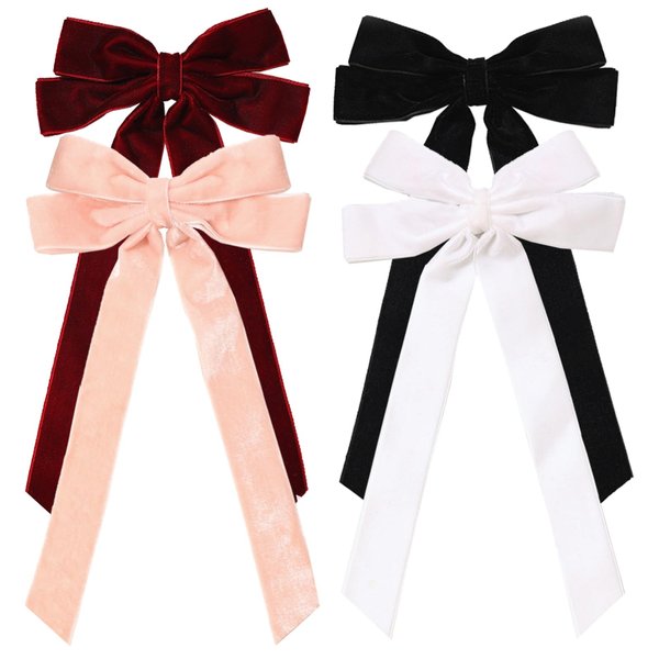 Furling Pompoms Hair Bow Clip, 4pcs Hair Accessories for Women - Black, Pink, White, Burgundy Red with Long Tail Velvet Hair Ribbon Bow Hair Clips - Daily Outfits, Party, Work, Giftware