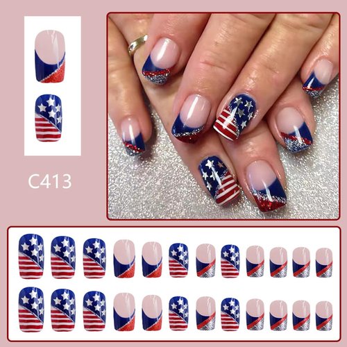 24Pcs 4th of July Fake Nails Red Blue Glitters French Tips Press on Nails Medium Length Square Fake Nails Natural Full Cover Acrylic False Nails with Star Designs Independence Day Nails for Women