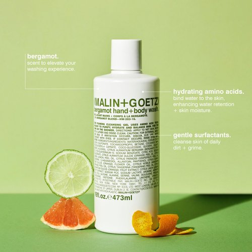 Malin + Goetz Bergamot Hand & Body Wash, 16 Fl. Oz. - Men & Women Natural Body Wash For All Skin Types, Foaming Hydrating Cleansing Gel, Cruelty-Free & Vegan