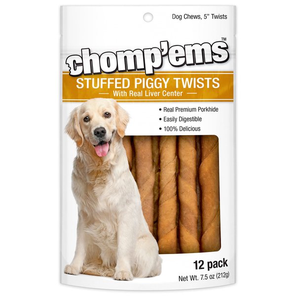 Chomp'ems All Natural Smoked Pork Stuffies Dog Treats with Real Liver, 12 Pack - Healthy, Protein Rich Treats for Dogs - Long Lasting Dog Chews