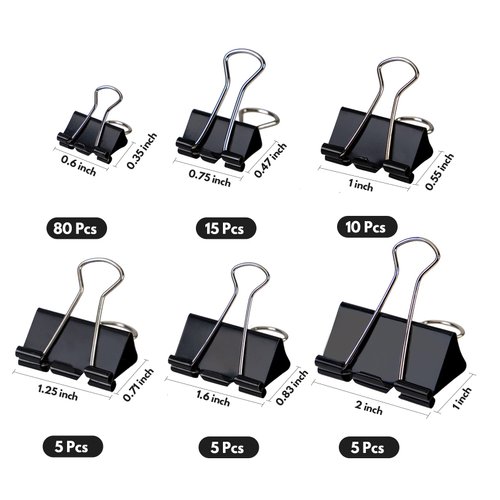 120 Pcs Binder Clips - Paper Clamps Assorted 6 Sizes, Paper Binder Clips, Metal Fold Back Clips with Box for Office, School and Home Supplies, Black