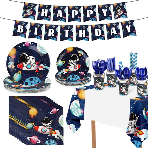 194Pcs Outer Space Birthday Party Decorations, Solar System Supplies for 24 Guests Includes Plates, Cup, Napkin, Knife, Fork, Spoon, Straw, Banner, Tablecloths for Kids Space Theme Party Decor
