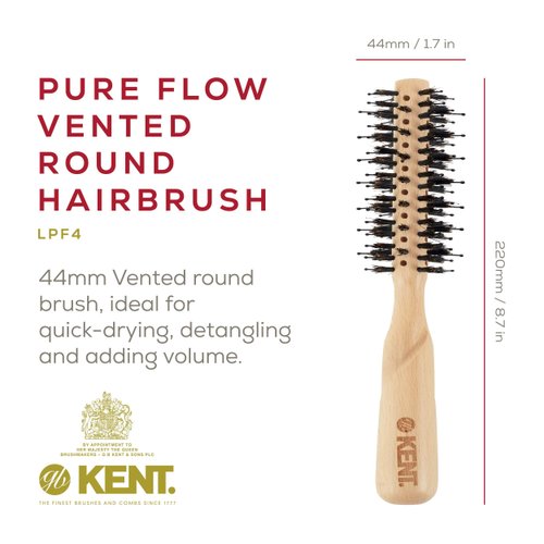 KENT Round Brush for Blow Drying, LPF4, Vented, FSC Certified Beech Wood, Natural Boar Bristle and Nylon, 8.75x1.75x0.6 inches, Black, Unisex, Short Fine Hair