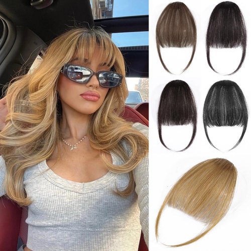 Rosooi Human Bangs Hair Clip in Bangs for Women Natural Curved Wispy Bangs Fringe With Temples Ha...