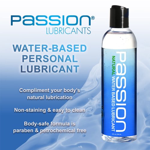 Passion Lubes Natural Water Based Lube, Couples or Personal Lubricant for Women and Men, Safe to Use with Toys, Long Lasting, Slippery, Non Sticky, and Non Staining, Unscented, 8 oz