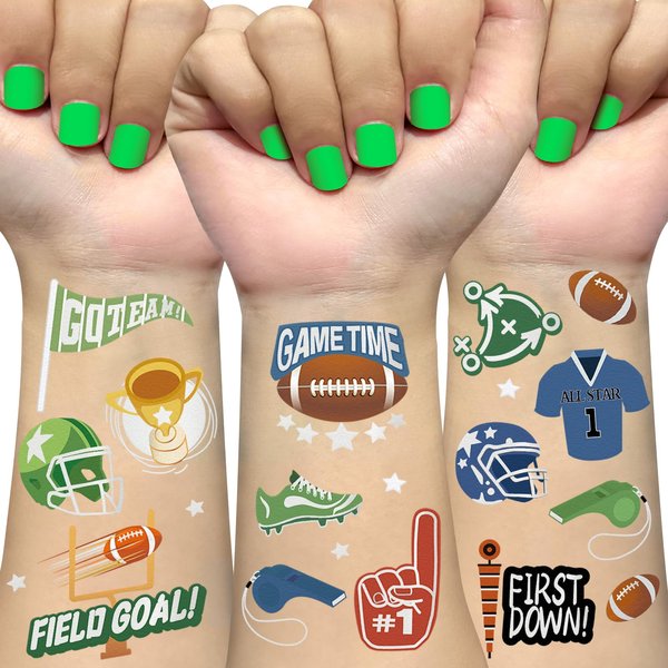 Ovasorve Football Temporary Tattoos 48 Foil Styles Sport Birthday Party Favors Decorations Touchdown Team Spirit Tattoos for Kids School Cheerleading Carnival Activity Gift