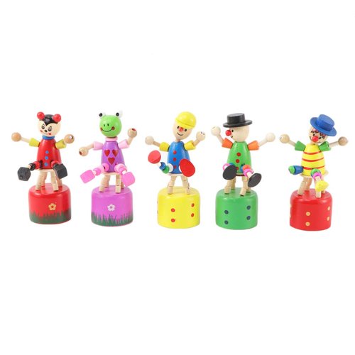 EXCEART 5pcs Wooden Push up Toy Finger Puppets Thumb Press Base Wooden Clown Puppets for Home Office Desk Decoration