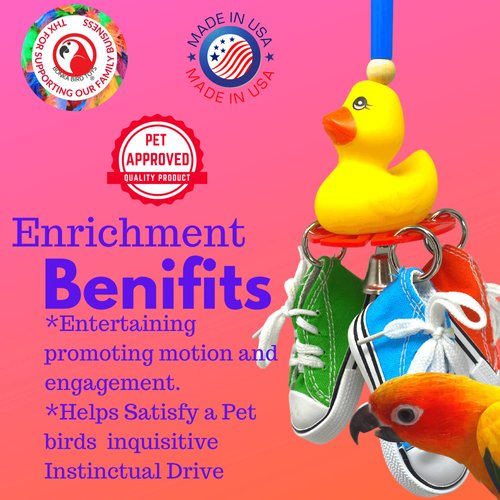 Bonka Bird Toys 3804 Sneaker Duck Small Medium Bird Toy Colored Foot Talon Foraging Sneakers Durable Plastic Duck Bell Cockatiels Parakeets Conures and Other Similar Birds