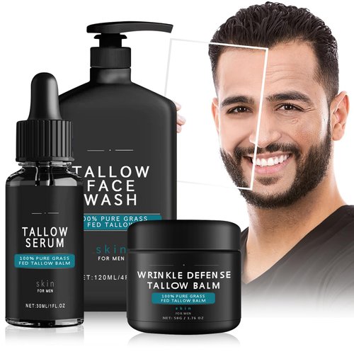 3Set Wrinkle Defense Tallow Balm,Skin Care for Men, (Tallow Cream + Tallow Night Serum + Tallow Face Wash)Tallow Balm Face Moisturizer,Mens Facial Care Kit,Anti-Wrinkle Night Serum Anti Aging