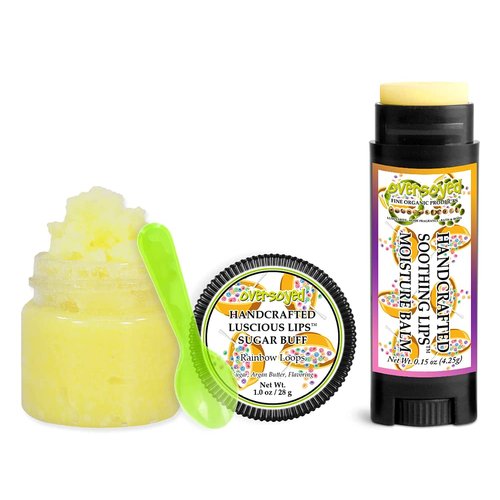 Rainbow Loops Soothing & Luscious Lips by OverSoyed Exfoliator & Chapped Lip Repair Lip Care Combo | Artisan Handcrafted to Order Fruity Cereal Lemon Orange Berry Strawberry Cherry Flavored Exfoliating Sugar Lip Scrub & Lip Moisturizer Balm Gift Set