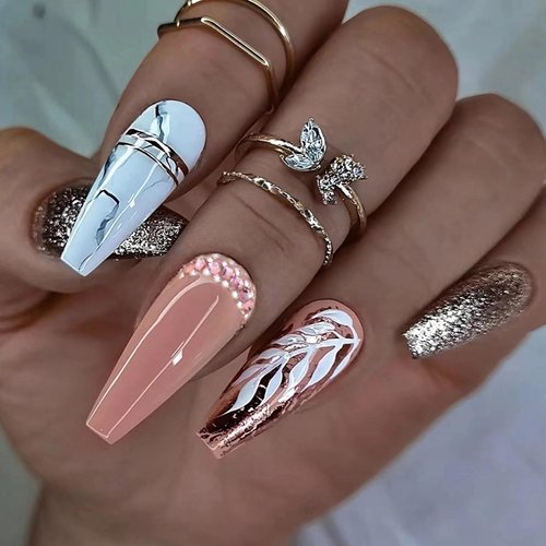 MERVF Coffin Press on Nails Long Fake Nails Glitter Ballerina Glue on Nails Press ons with Rhinestones Design Artificial Acrylic Nails Luxury Fall False Nails 24pcs Glossy
