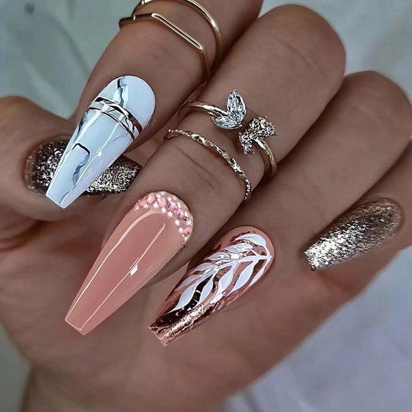 MERVF Coffin Press on Nails Long Fake Nails Glitter Ballerina Glue on Nails Press ons with Rhinestones Design Artificial Acrylic Nails Luxury Fall False Nails 24pcs Glossy