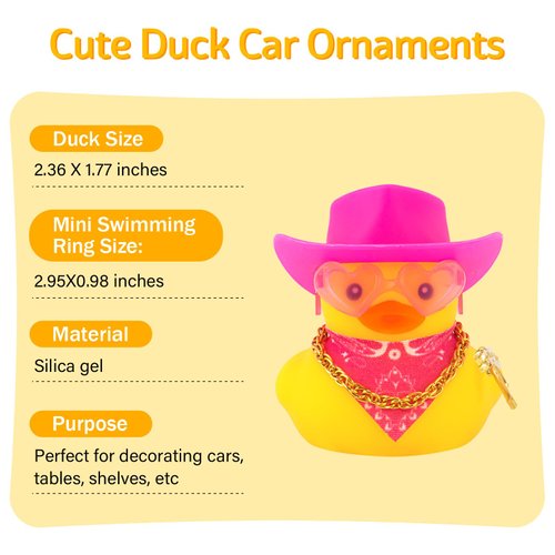 wonuu Rubber Duck Yellow Duck Car Dashboard Decorations Car Ornaments for Cool Car Accessories with Cowboy Hat Necklace and Sunglasses, pink hat love galssess