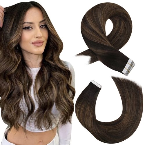 Moresoo Human Hair Tape in Extensions Brown Tape in Ombre Hair Extensions Balayage Darkest Brown Mix with Medium Brown Tape in Real Hair Seamless Hair Extensions Human Hair 18 Inch #2/6/2 20pcs 50g