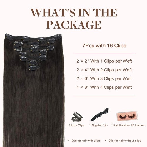GOO GOO Clip in Hair Extensions Real Human Hair, 14inch 120g 7Pcs, 2 Dark Brown, Remy Human Hair Extensions Clip ins for Women, Natural Human Hair