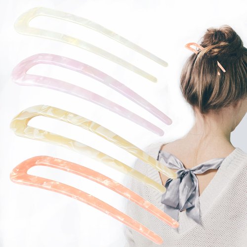 Borsun 4 Pack U Shaped Hair Pins for Buns, French Pin Hair Fork Sticks for Long Hair, 2 Prong Hair Stick for Women and Girls（Light Colors）