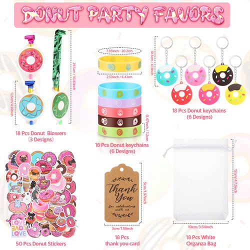 140 Donut Party Favors for 18 Kids, Includes Donut Keychain Dount Party Blowers Donut Stickers Wristband Gift Bags Thank You Tags for Boys Girls Donut Birthday Supply Decoration Goodie Bag Filler